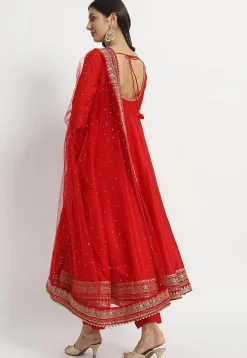 Embroidered Art Silk Anarkali Suit in Red