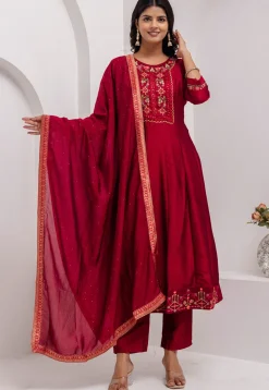 Embroidered Art Silk Anarkali Suit in Red