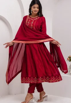 Embroidered Art Silk Anarkali Suit in Red