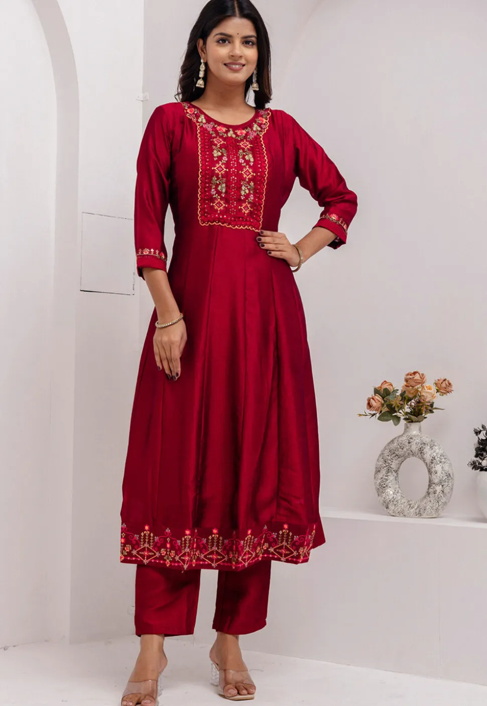 Embroidered Art Silk Anarkali Suit in Red