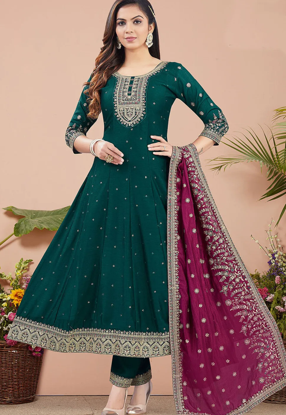 Embroidered Art Silk Anarkali suit in Green