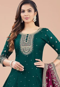 Embroidered Art Silk Anarkali suit in Green