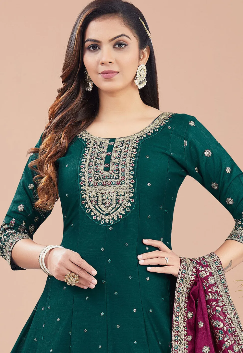 Embroidered Art Silk Anarkali suit in Green