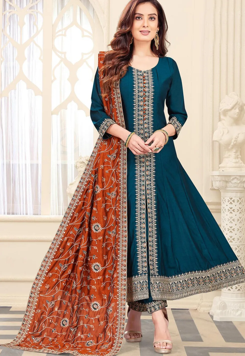 Embroidered Art Silk Anarkali Suit in Teal Blue