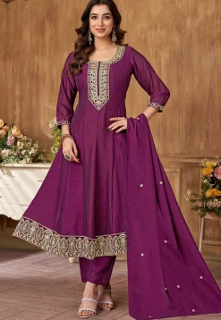 Embroidered Art Silk Anarkali Suit in Dark Magenta