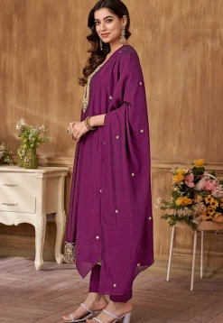 Embroidered Art Silk Anarkali Suit in Dark Magenta