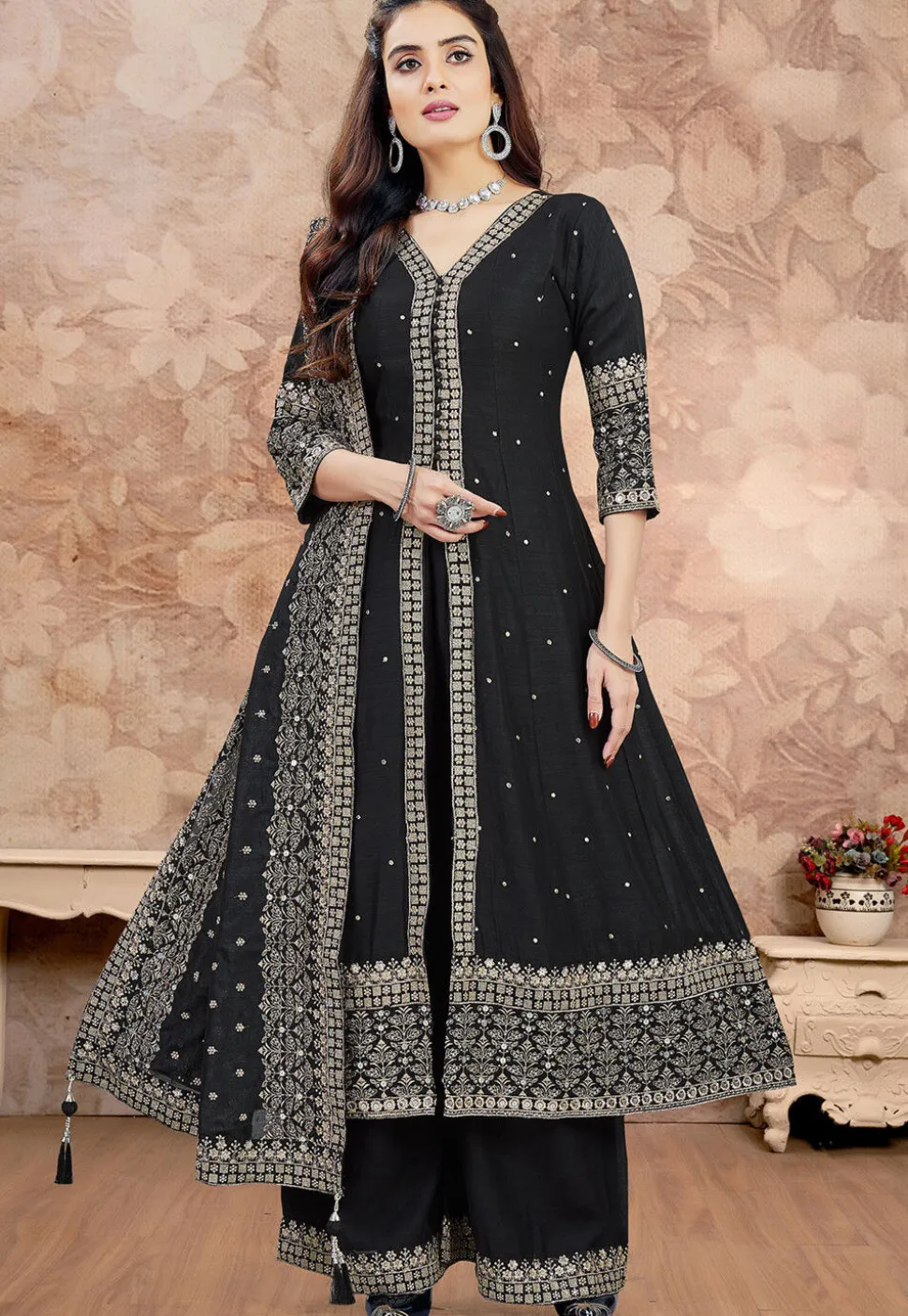 Embroidered Art Silk Anarkali Suit in Black
