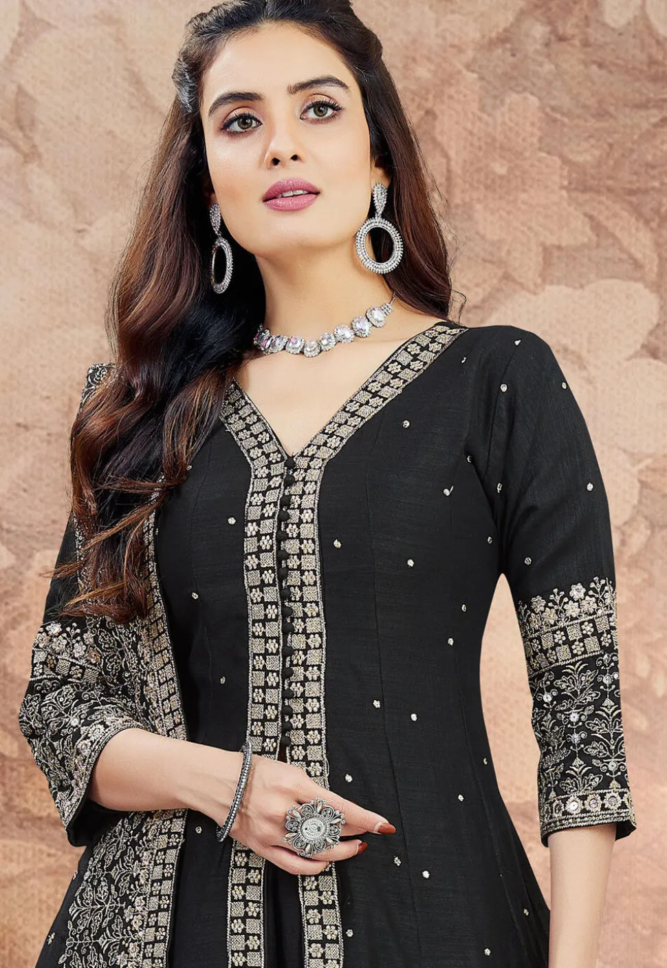 Embroidered Art Silk Anarkali Suit in Black
