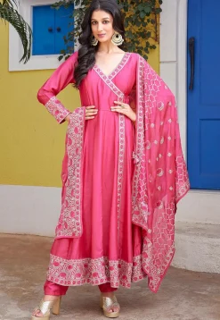 Embroidered Art Silk Anarkali Suit in Pink