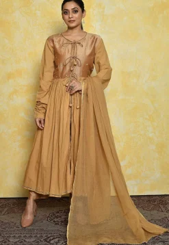 Embroidered Art Silk and Cotton Front Slit Pakistani Suit in Beige