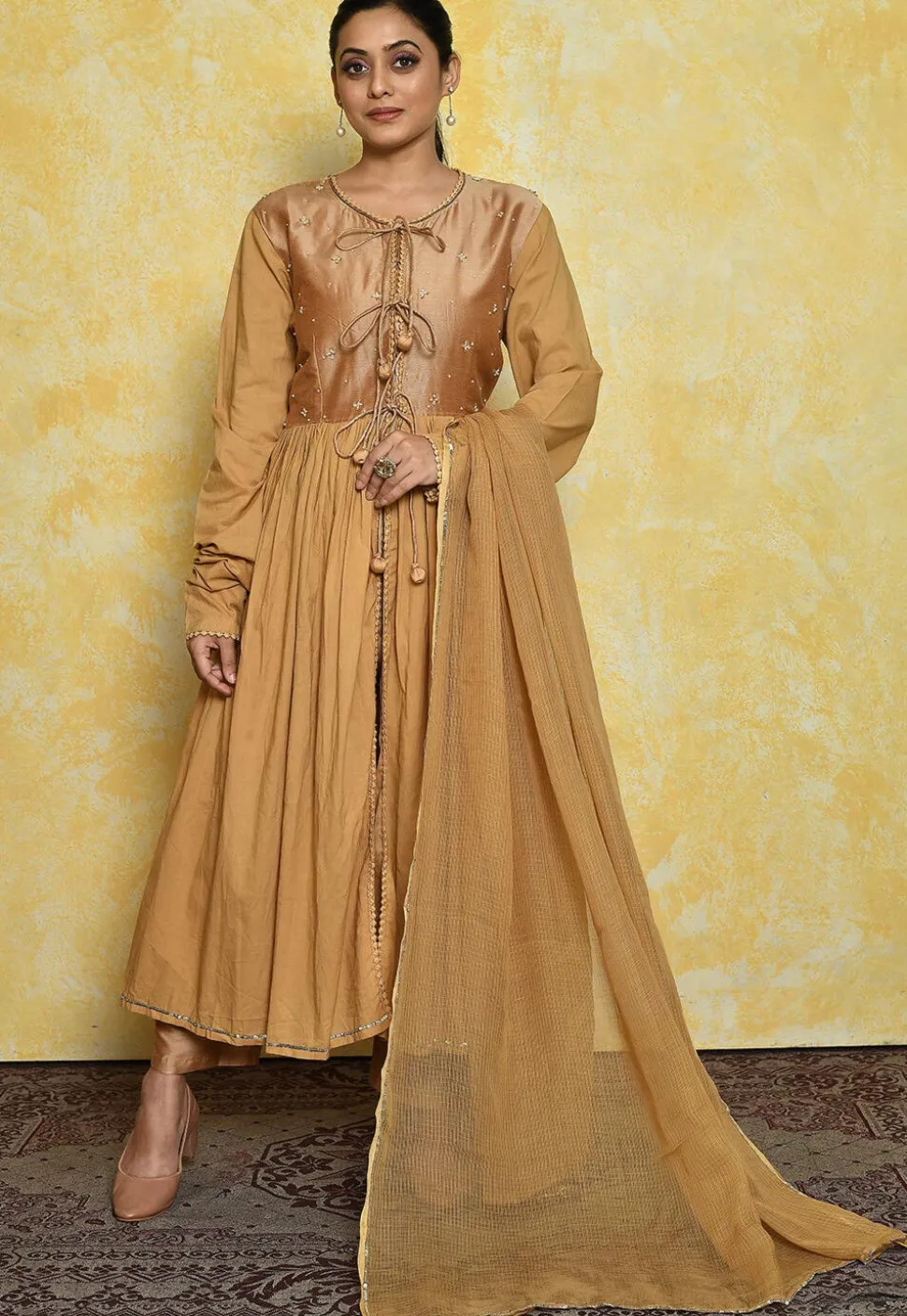 Embroidered Art Silk and Cotton Front Slit Pakistani Suit in Beige