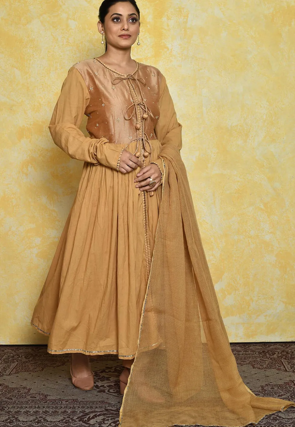Embroidered Art Silk and Cotton Front Slit Pakistani Suit in Beige