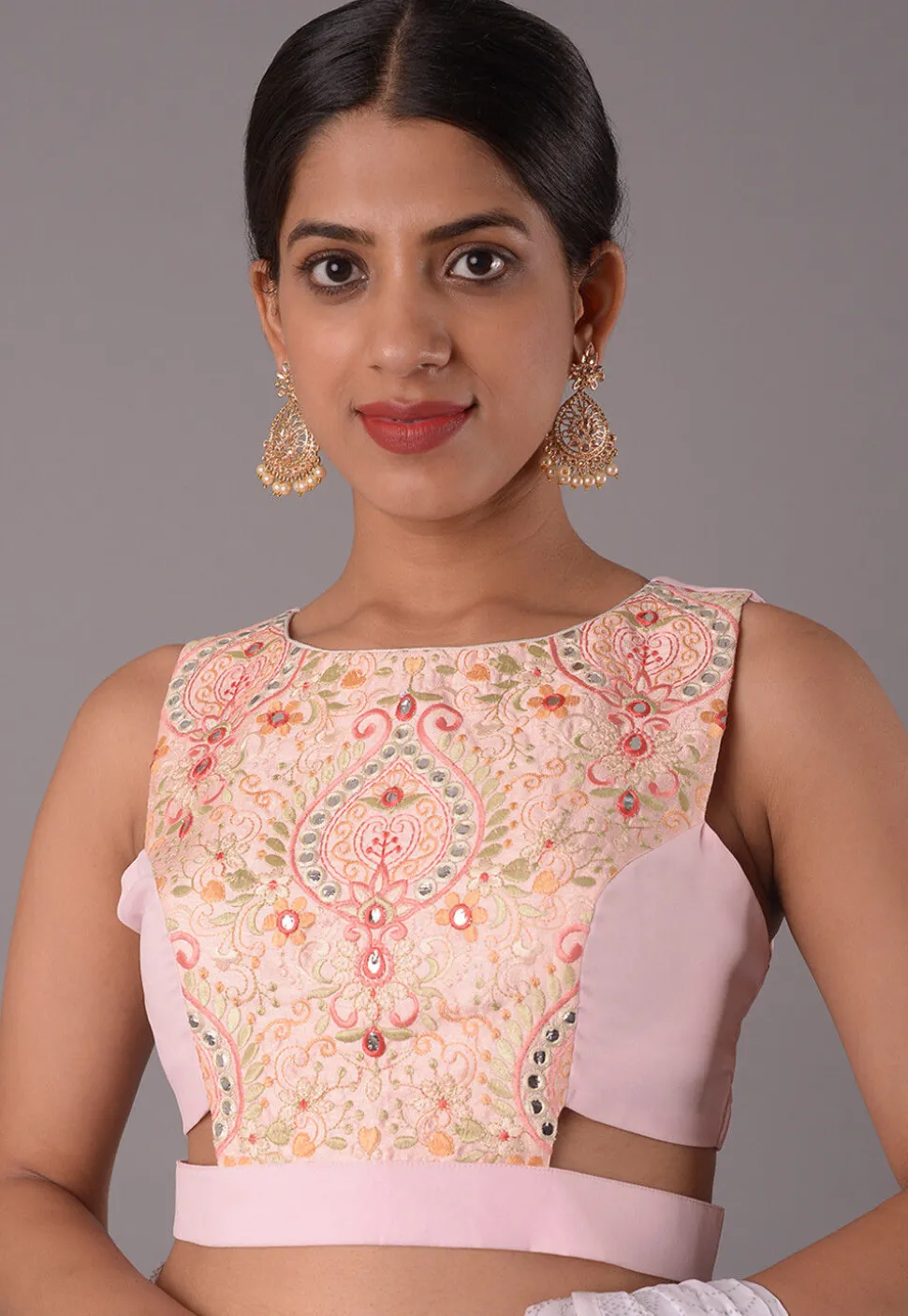 Embroidered Art Silk and Georgette Blouse in Baby Pink