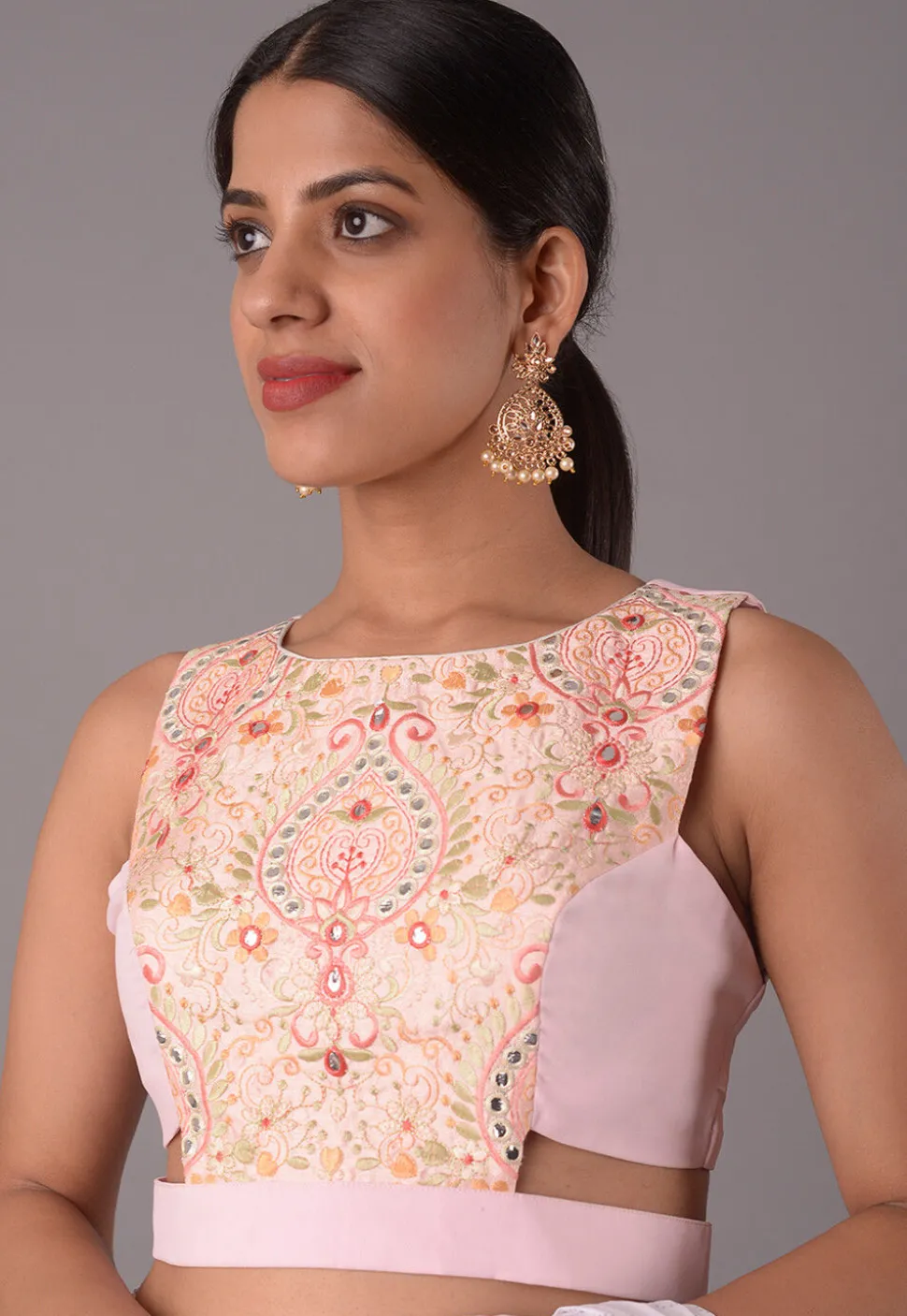 Embroidered Art Silk and Georgette Blouse in Baby Pink