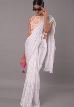 Embroidered Art Silk and Georgette Blouse in Baby Pink