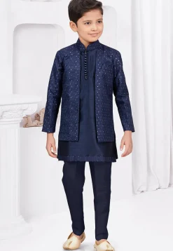 Embroidered Art Silk and Banarasi Silk Sherwani in Navy Blue