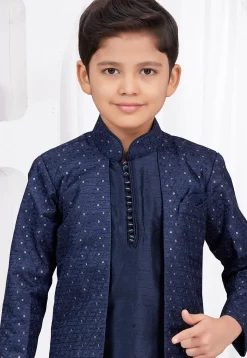 Embroidered Art Silk and Banarasi Silk Sherwani in Navy Blue