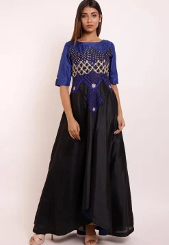 Embroidered Art Silk Asymmetric Gown in Black and Blue