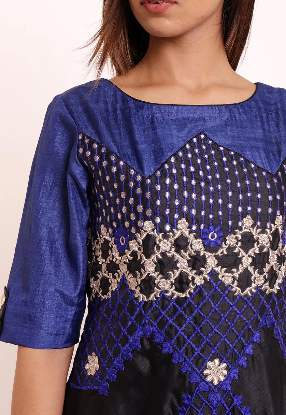 Embroidered Art Silk Asymmetric Gown in Black and Blue