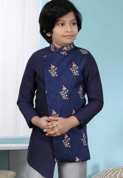 Embroidered Art Silk Asymmetric Sherwani in Navy Blue