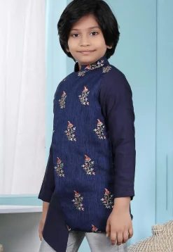 Embroidered Art Silk Asymmetric Sherwani in Navy Blue