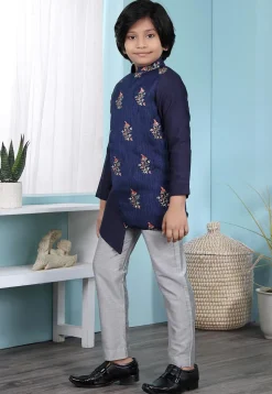 Embroidered Art Silk Asymmetric Sherwani in Navy Blue