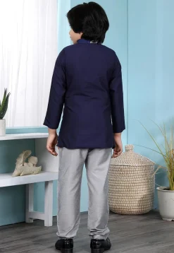 Embroidered Art Silk Asymmetric Sherwani in Navy Blue