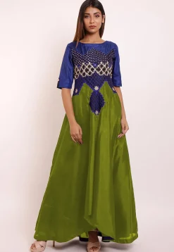 Embroidered Art Silk Asymmetric Gown in Olive Green and Royal Blue