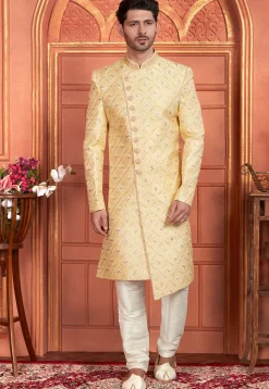 Embroidered Art Silk Asymmetric Sherwani in Yellow