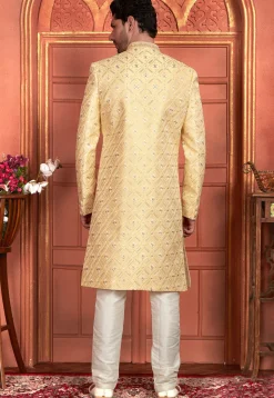 Embroidered Art Silk Asymmetric Sherwani in Yellow