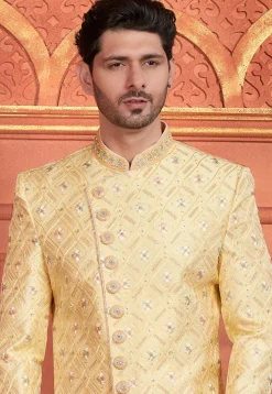 Embroidered Art Silk Asymmetric Sherwani in Yellow