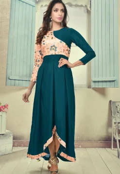 Embroidered Art Silk Asymmetric Kurta in Blue and Peach