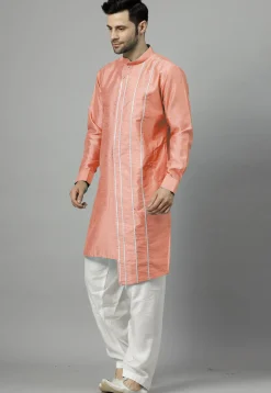 Embroidered Art Silk Asymmetric Kurta Set in Peach