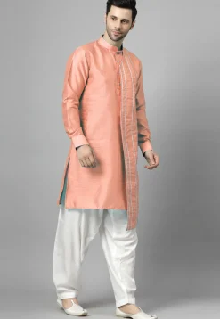 Embroidered Art Silk Asymmetric Kurta Set in Peach