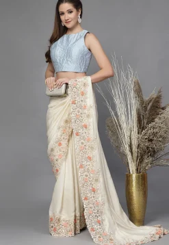 Embroidered Art Silk Back Cut Out Blouse in Sky Blue