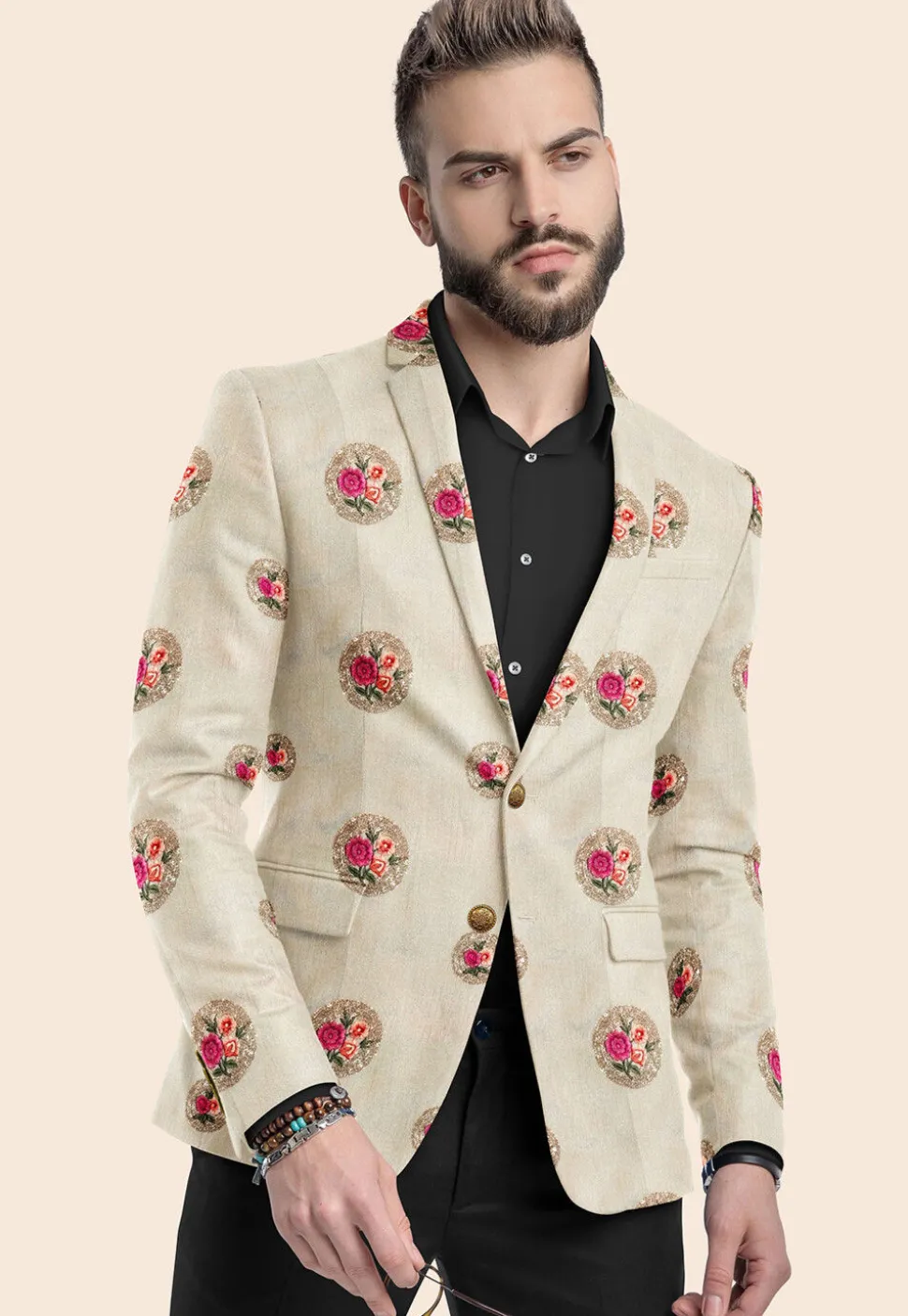 Embroidered Art Silk Blazer in Light Beige