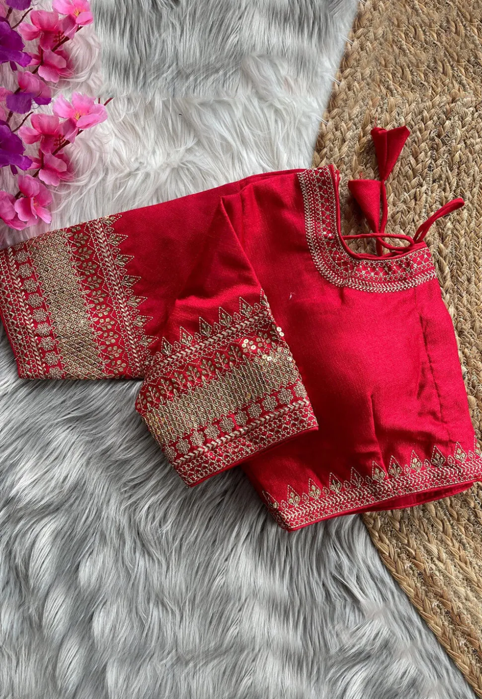 Embroidered Art Silk Blouse in Fuchsia