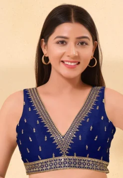 Embroidered Art Silk Blouse in Navy Blue
