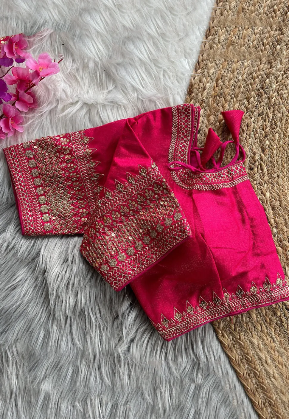 Embroidered Art Silk Blouse in Fuchsia
