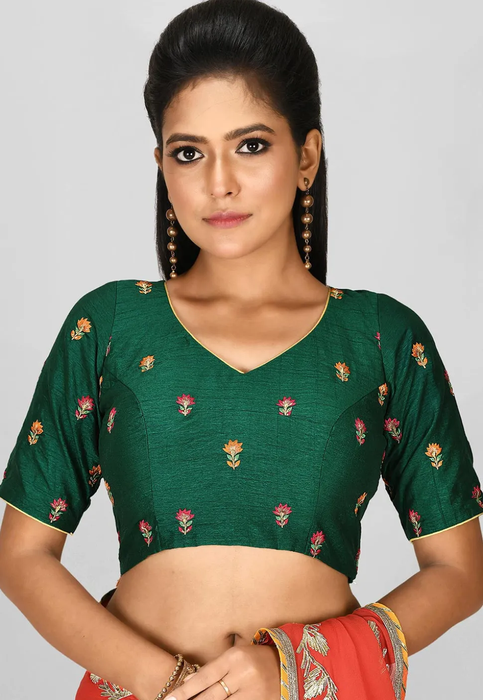 Embroidered Art Silk Blouse in Dark Green