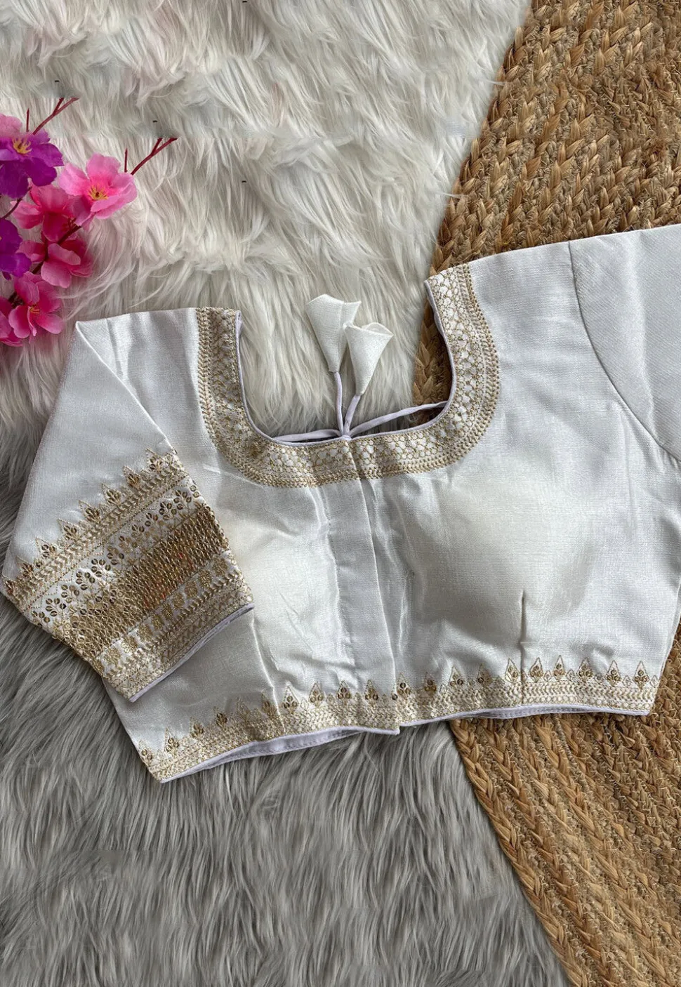 Embroidered Art Silk Blouse in Off White