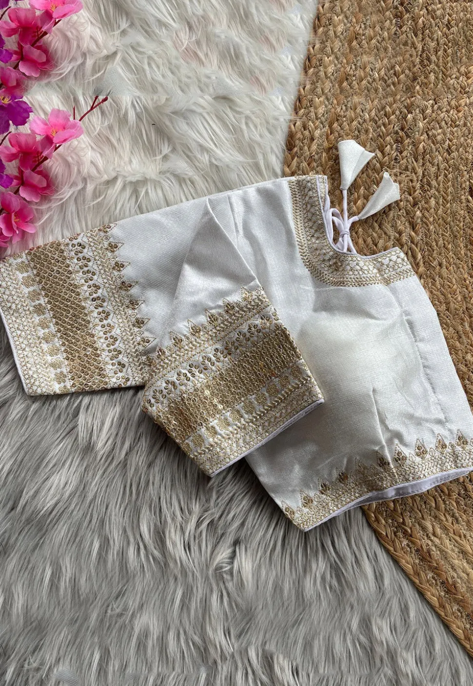 Embroidered Art Silk Blouse in Off White