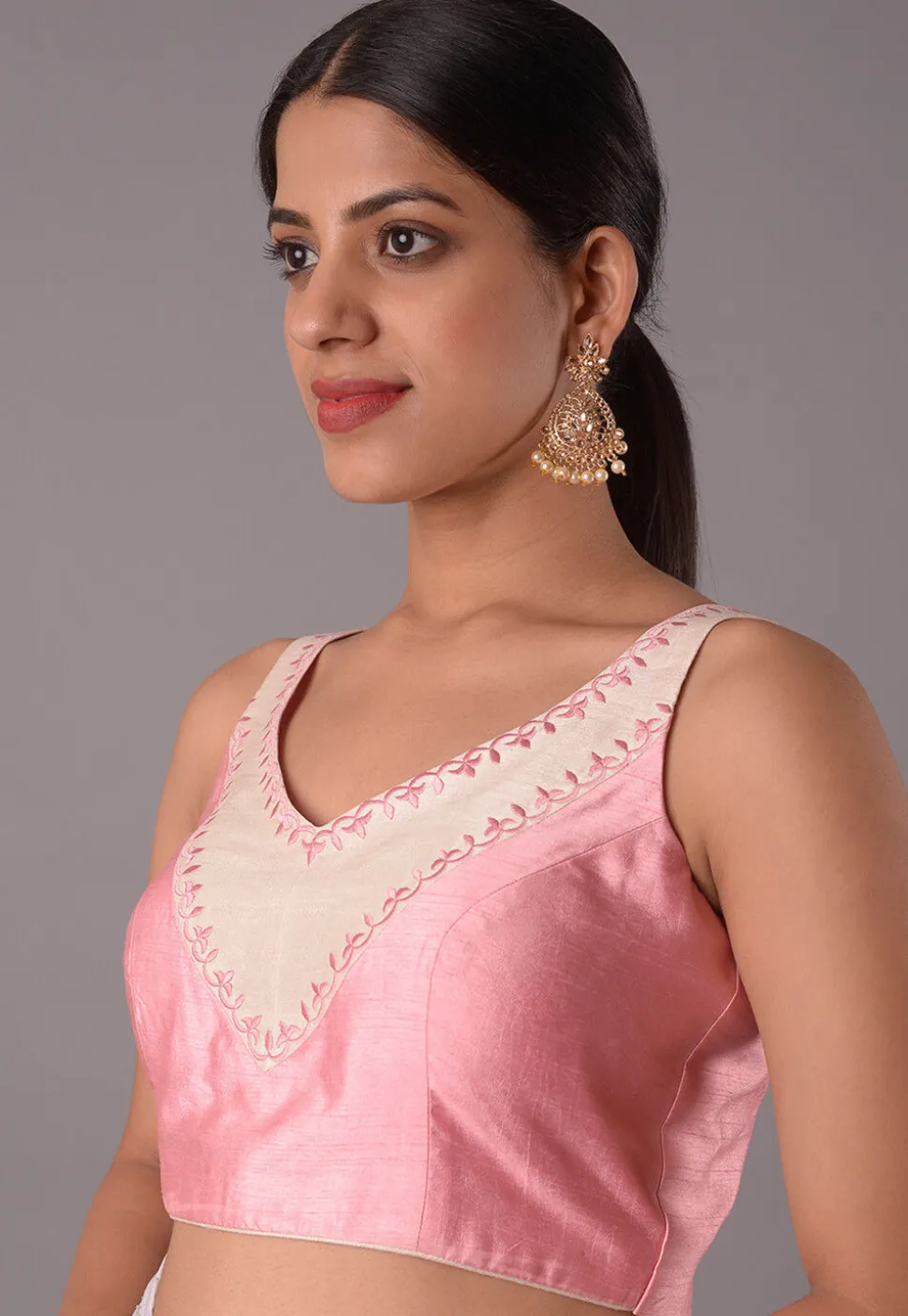 Embroidered Art Silk Blouse in Baby Pink
