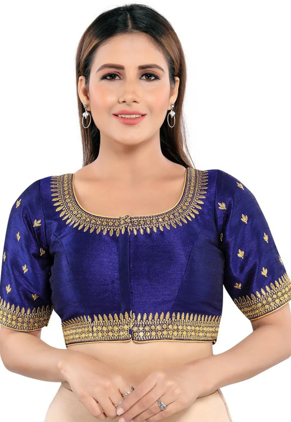 Embroidered Art Silk Blouse in Navy Blue