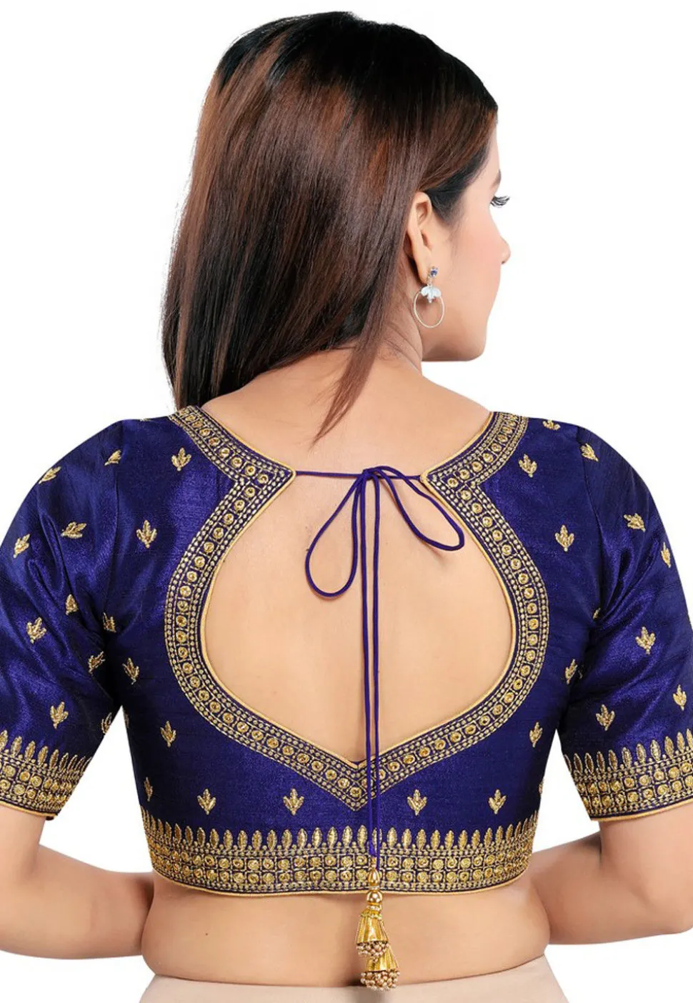 Embroidered Art Silk Blouse in Navy Blue