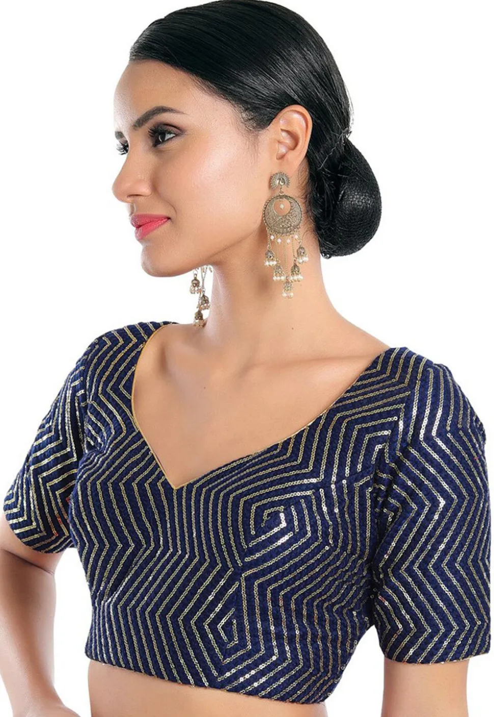 Embroidered Art Silk Blouse in Navy Blue