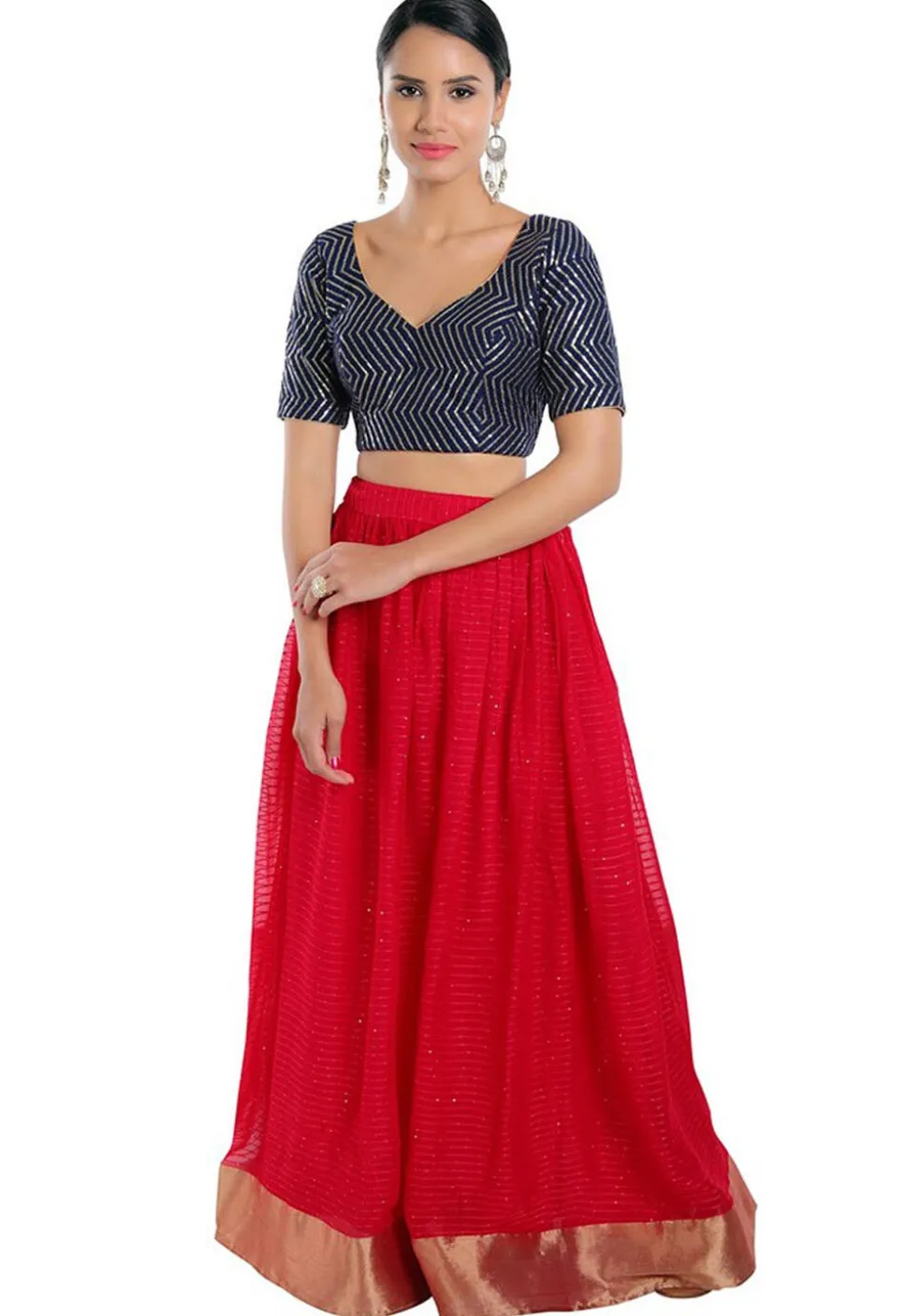 Embroidered Art Silk Blouse in Navy Blue