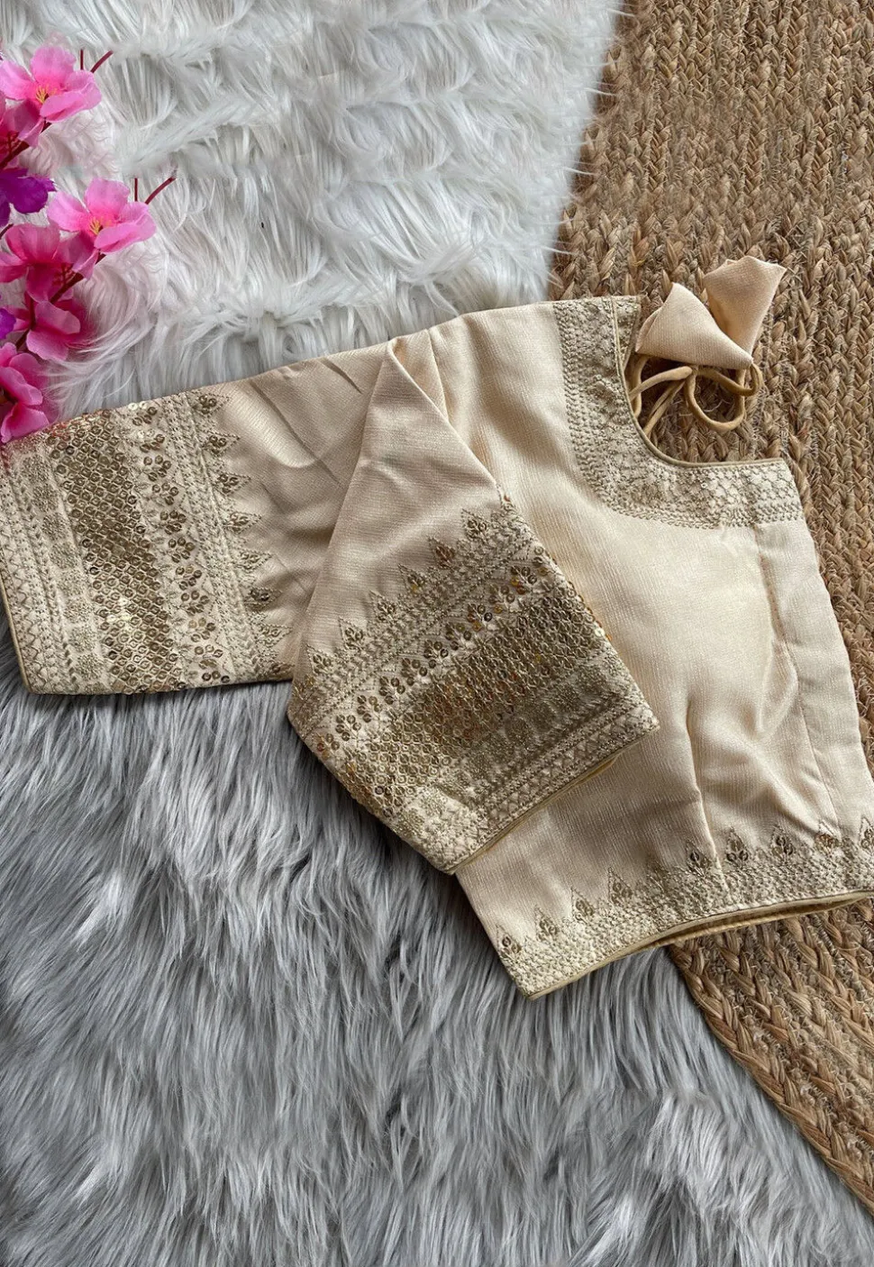 Embroidered Art Silk Blouse in Cream