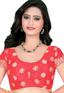 Embroidered Art Silk Blouse in Coral Pink