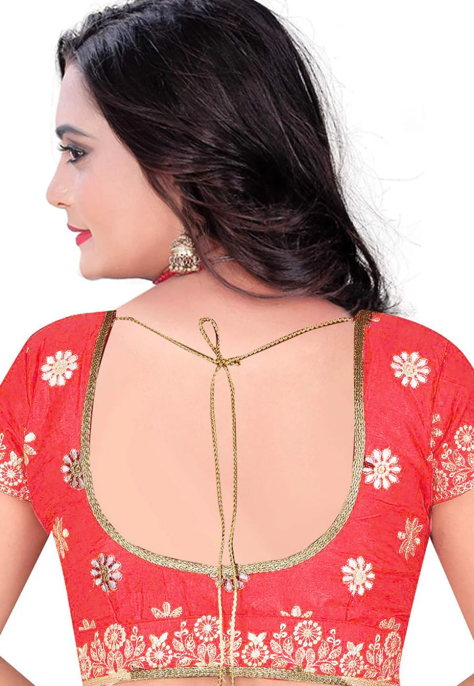Embroidered Art Silk Blouse in Coral Pink